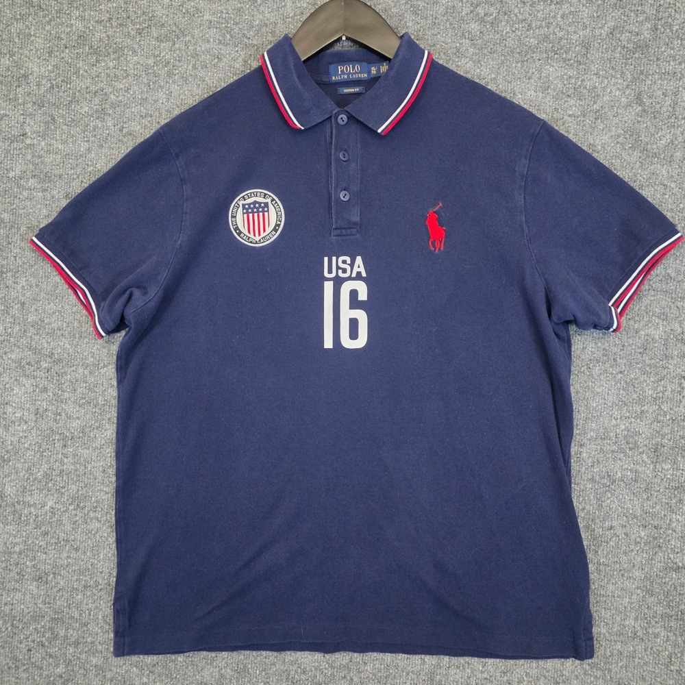 Polo Ralph Lauren Rugby Polo Mens XL Blue USA Flag Custom Crest 2016 Olympics
